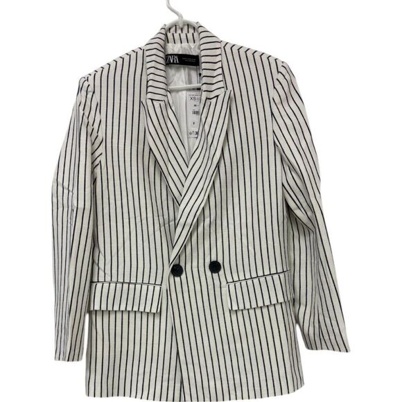 Zara Women Blazer Jacket XS White Striped Oversized Double Breasted 3455/543 NWT - Picture 4 of 13